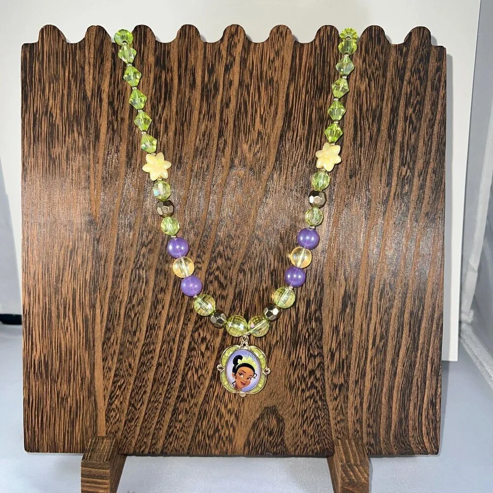 Disney Princess Tiana Beaded Necklace Green & Purple With Charm Handmade Womens